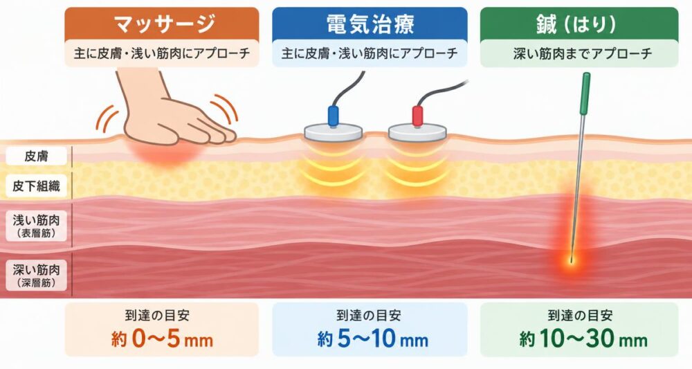 マッサージ・電気と鍼の到達深度の比較図